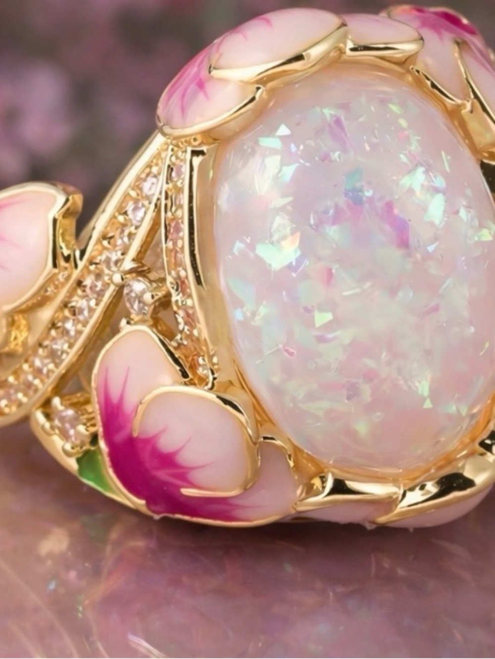 Gold Floral Pink Opal Statement Ring